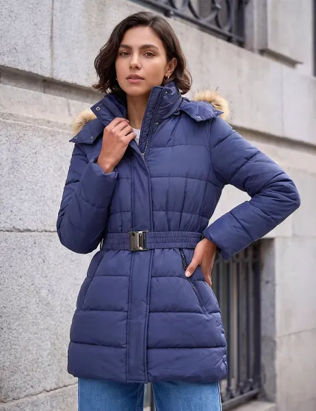 Roman Padded Belted Faux Fur Trim Coat Navy Mix