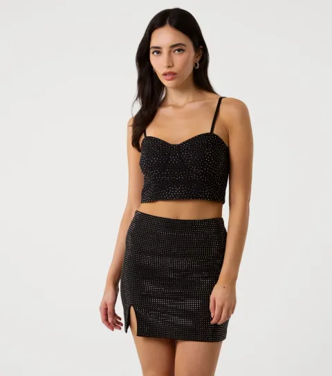 Women's Black Diamante Embellished Cropped Top