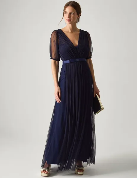 Monsoon Mesh V-Neck Sheer Sleeve Maxi Skater Dress Navy