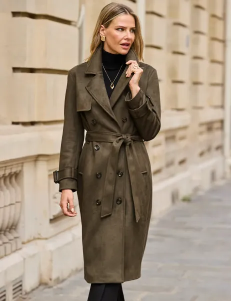 SOSANDAR Faux Suede Double Breasted Long Trench Coat Khaki