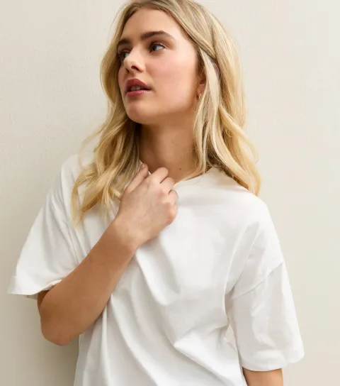 Women's White Cotton Oversized Crew Neck T-Shirt