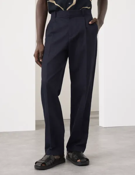 Autograph Relaxed Fit Lyocell Rich Pleat Front Trousers Dark Navy