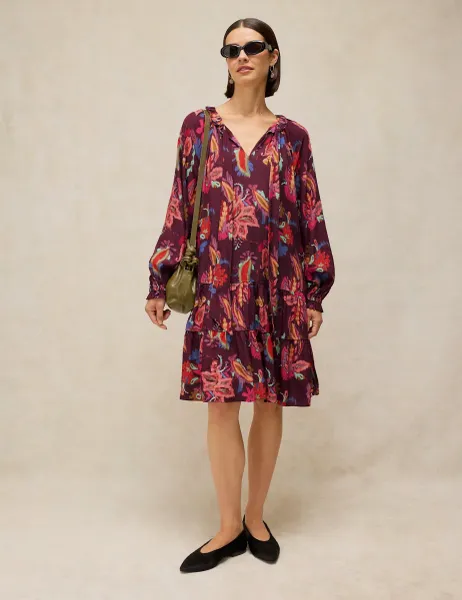 White Stuff Miley Printed Notch Neck Knee Length Dress Plum