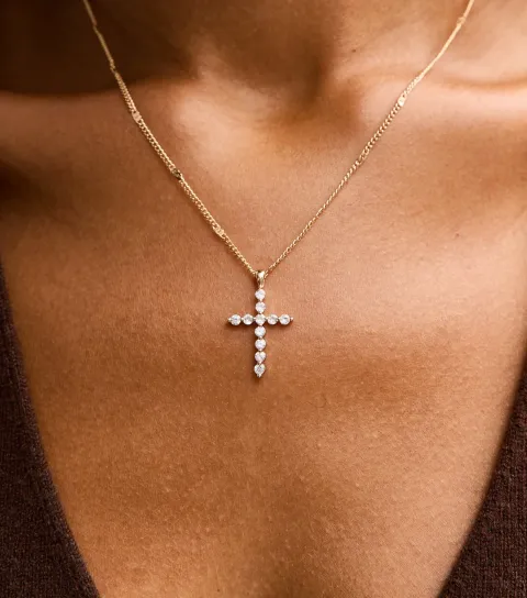 Gold Tone Large Cubic Zirconia Cross Pendant Necklace