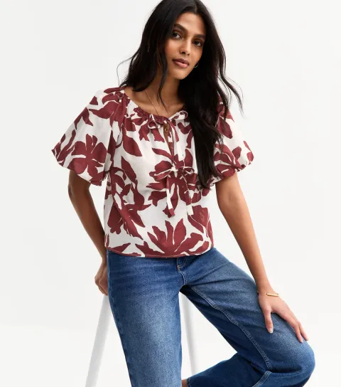 Women's White Printed Tie Front Puff Sleeve Top