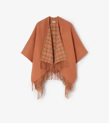Reversible Check Wool Cape in Clay pink