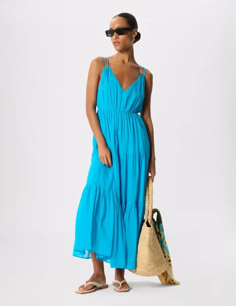 Whistles Pure Cotton V-Neck Maxi Beach Dress Turquoise