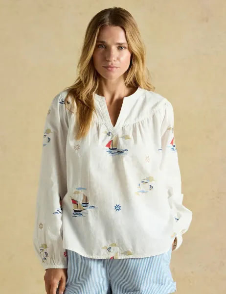 Joules Pure Cotton Embroidered Notch Neck Blouse Cream Mix