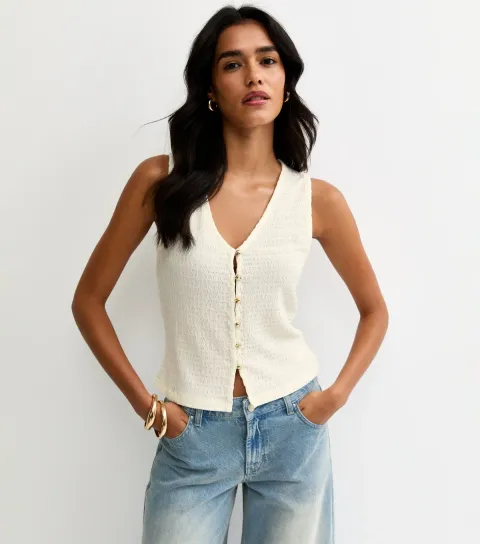 Women's Off White Textured Gold Button Through Tank Top