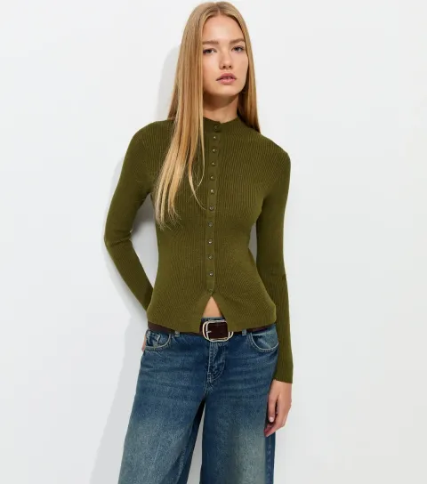 New Look Women's Khaki Ribbed Button Front High Neck Split Hem Top