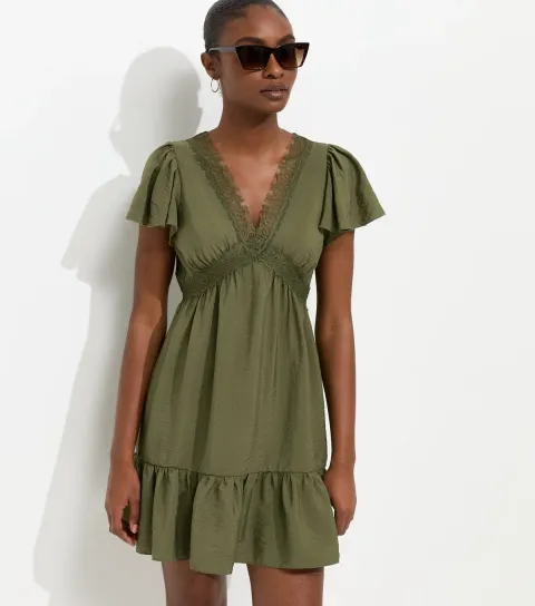 Women's Dark Khaki Crinkle Texture Lace Trim V Neck Mini Dress