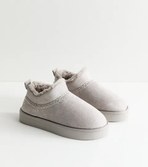 Women's Grey Faux Suede Faux Sherpa Lined Slipper Boots