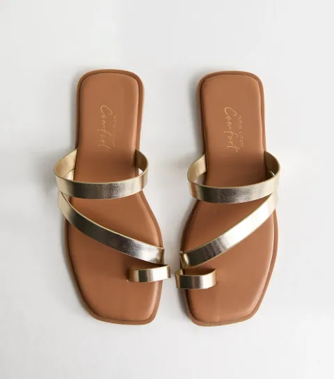 Women's Gold Faux Leather Multi Strap Toe Post Sandals Vegan