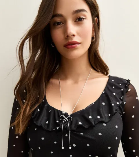 Silver-Tone Faux Pearl Charm Bow Long Necklace