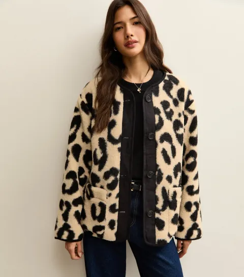 Women's Cream Leopard Print Borg Textured Jacket