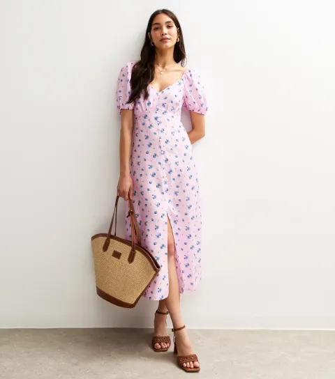 Women's Pink Floral Print Puff Sleeve Tiered Midi Dress