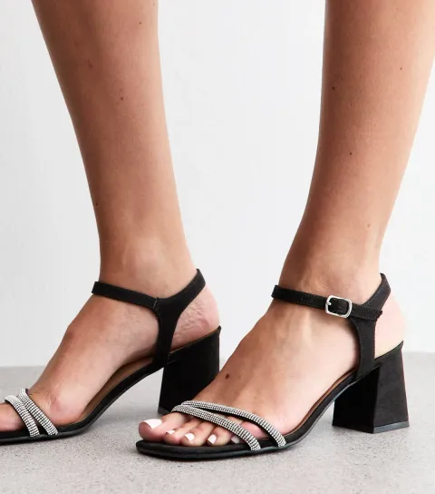 Women's Black Faux Suede Embellished Block Heel Sandals