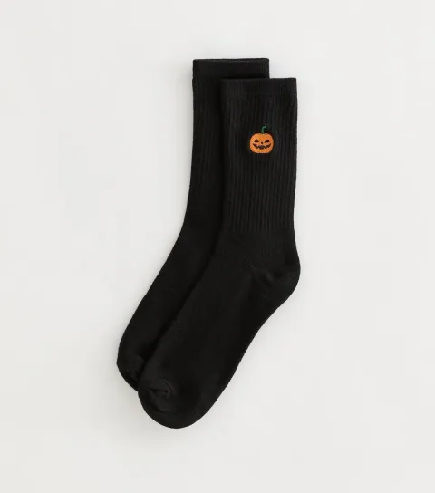 Black Cotton Rich Halloween Pumpkin Embroidered Ribbed Tube Socks