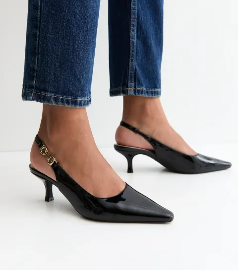 Women's Truffle Black Faux Leather Chain Slingback Court Shoes