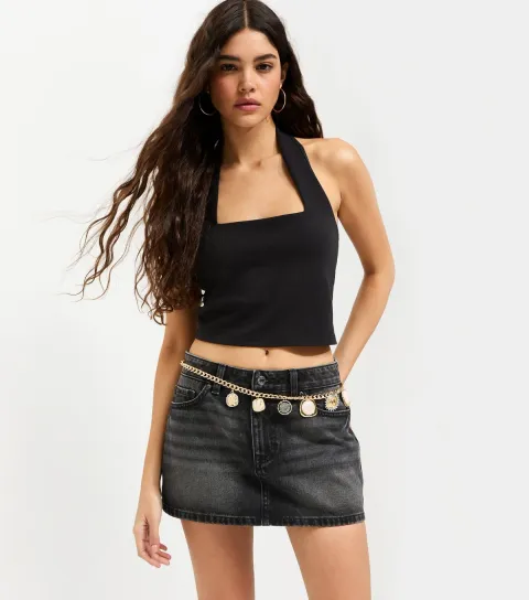 Women's Black Cotton Bleach Effect Micro Denim Skort