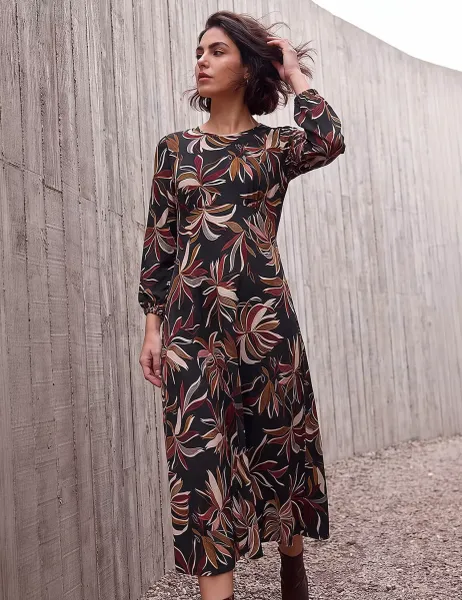 Roman Leaf Print Knee Length A Line Dress Orange Mix