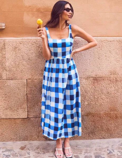 RO&ZO Cotton Rich Checked Midaxi Waisted Dress Blue Mix