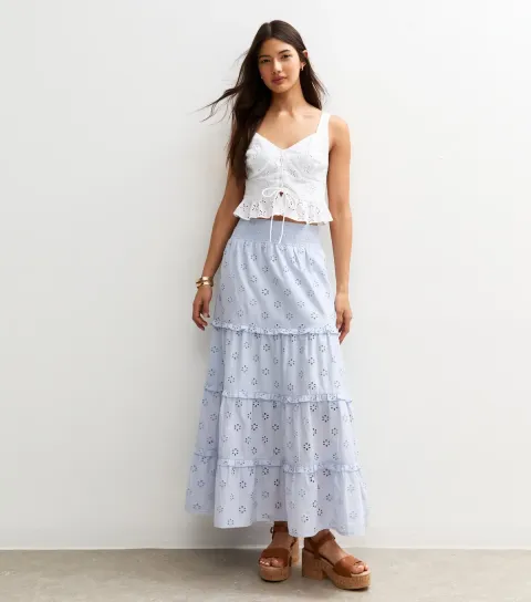 Women's Light Blue Broderie Anglaise Tiered Midi Skirt