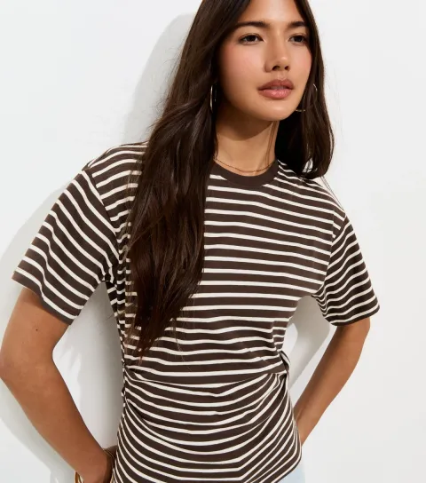Women's Cream and Dark Brown Striped Corset Top