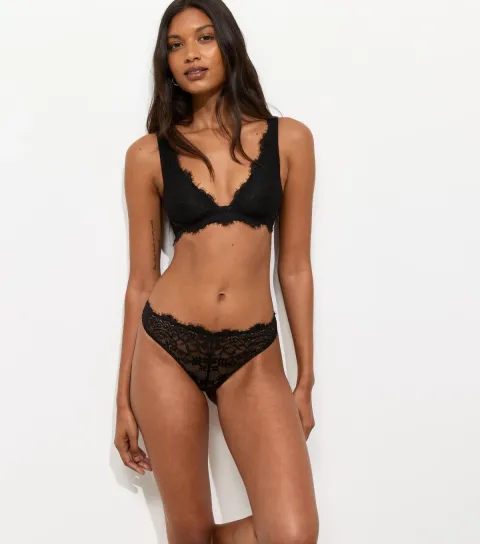 Women's Black Eyelash Lace Thong