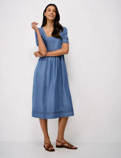 Crew Clothing Pure Lyocell Square Neck Midi Tea Dress Denim
