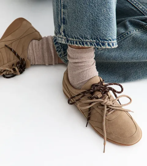 Women's Camel Faux Suede Double Lace Trainers Vegan