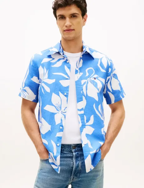 Tommy Hilfiger Regular Fit Linen Blend Floral Shirt Blue Mix