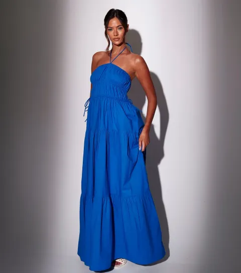 Women's Bright Blue Halterneck Tiered Maxi Dress