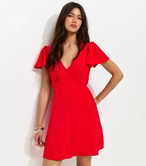 Women's Bright Red Flutter Sleeve Mini Tea Dress