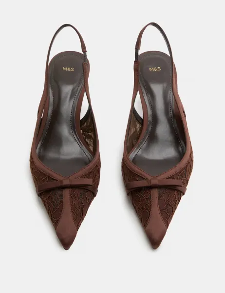 Marks & Spencer Lace Bow Kitten Heel Pointed Toe Slingback Brown