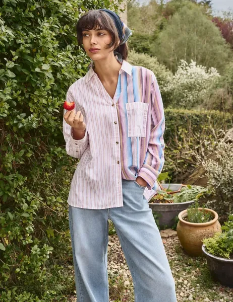 White Stuff Pure Cotton Striped Relaxed Shirt Pink Mix