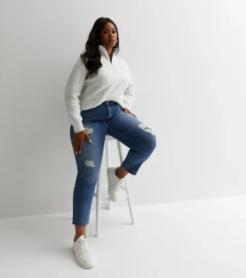 Women's Plus Size Blue Ripped Ankle Grazing Hannah Straight Leg Jeans Curves