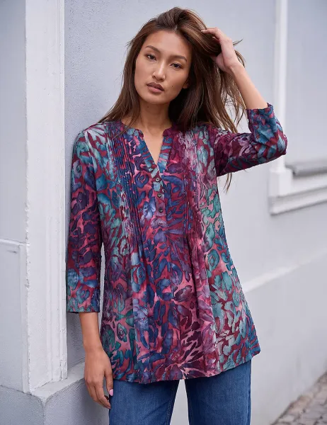 Roman Jersey Textured Burnout Print Pintuck Shirt Burgundy Mix