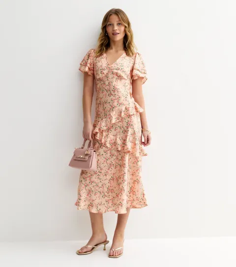 Women's Pink Rose Print Tiered Ruffle Midi Dress