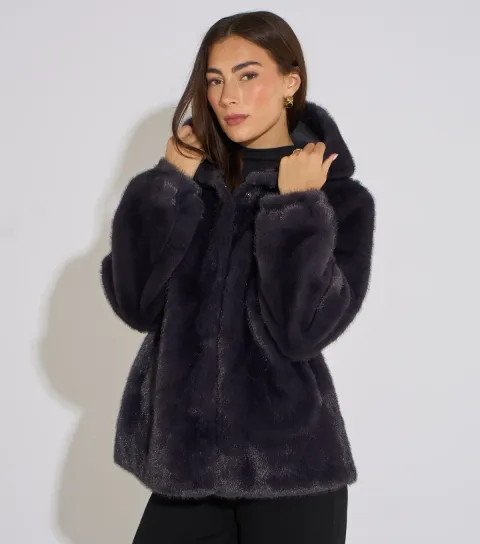Gini London Women's Dark Grey Faux Fur Hooded Jacket