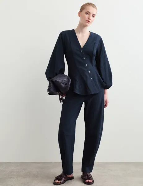 Jaeger Cotton Rich Textured V-Neck Blouse Navy