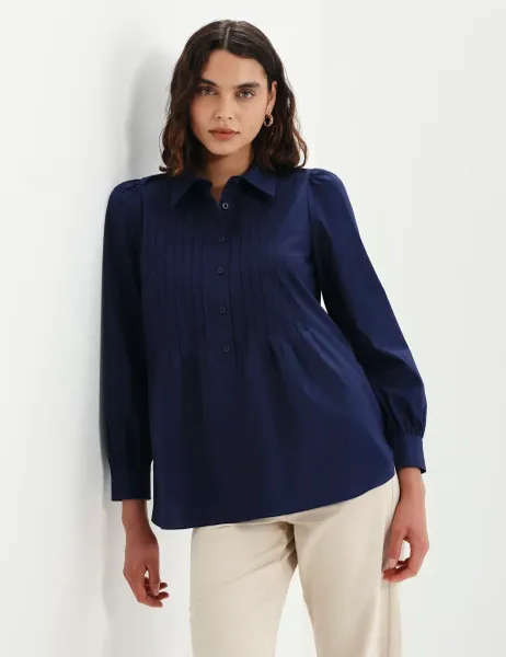 Finery London Cotton Rich Collared Pintuck Shirt Navy