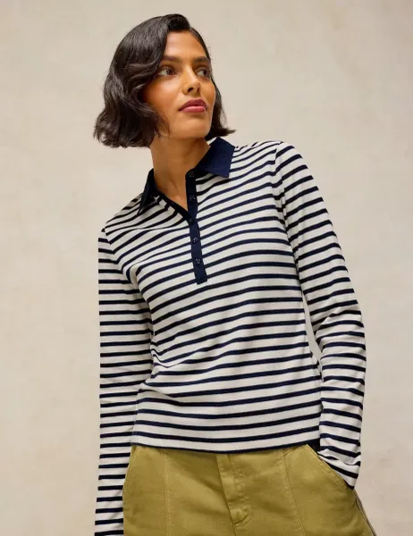 White Stuff Cotton Rich Ribbed Striped Collared Top Navy Mix
