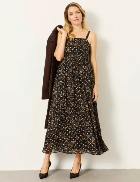 FatFace Polka Dot Square Neck Midi Waisted Dress Black Mix