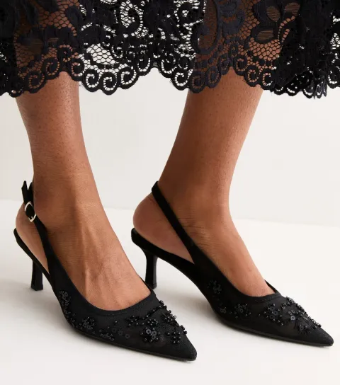 New Look Women's Black Bead and Sequin Embroidered Slingback Pumps Vegan