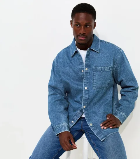 Men's Navy Cotton Boxy Fit Denim Twill Overshirt