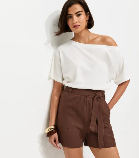 New Look Women's Dark Brown Linen Blend Paperbag Shorts