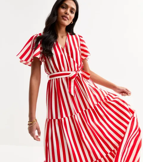 Women's Red Striped Belted Midi Dress