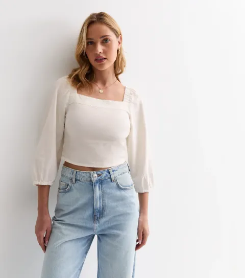 Women's Off White Square Neck Linen Blend Top