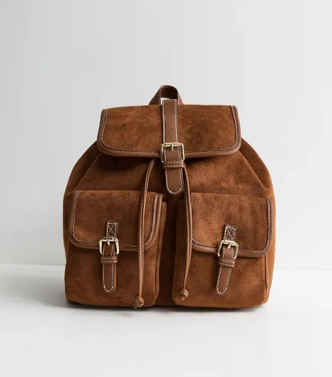 Tan Faux Suede Multi Pocket Backpack